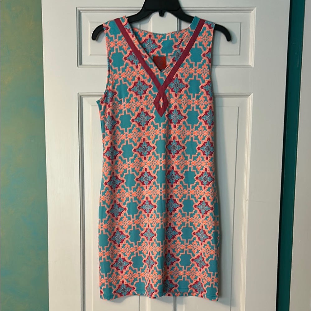 Tracy Negoshian Blue and Pink Geometric Midi Dress